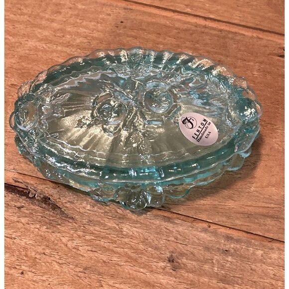 Fenton Glass Trinket Dresser Lidded Box Aqua Blue Iridescent Cabbage Rose - Picture 3 of 5